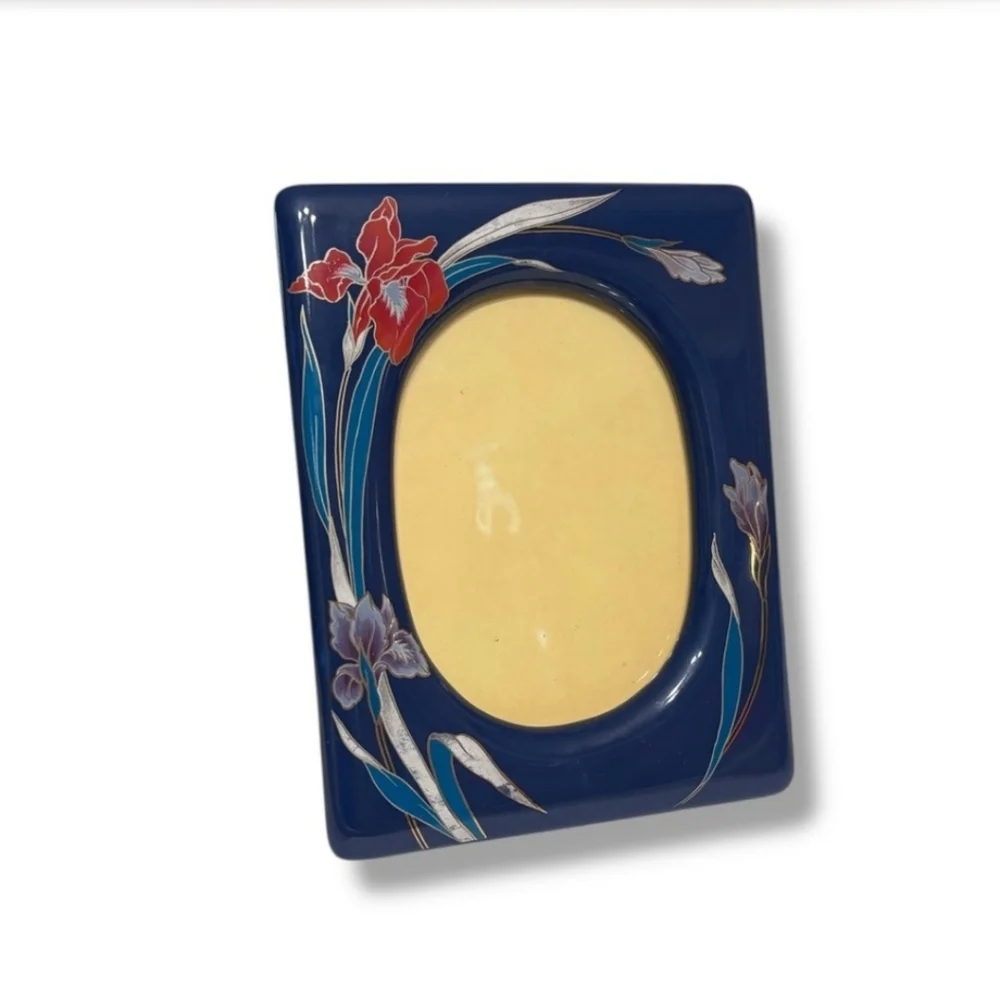 VINTAGE Japanese Porcelain Picture Frame Navy Blue & Irises VINTAGE